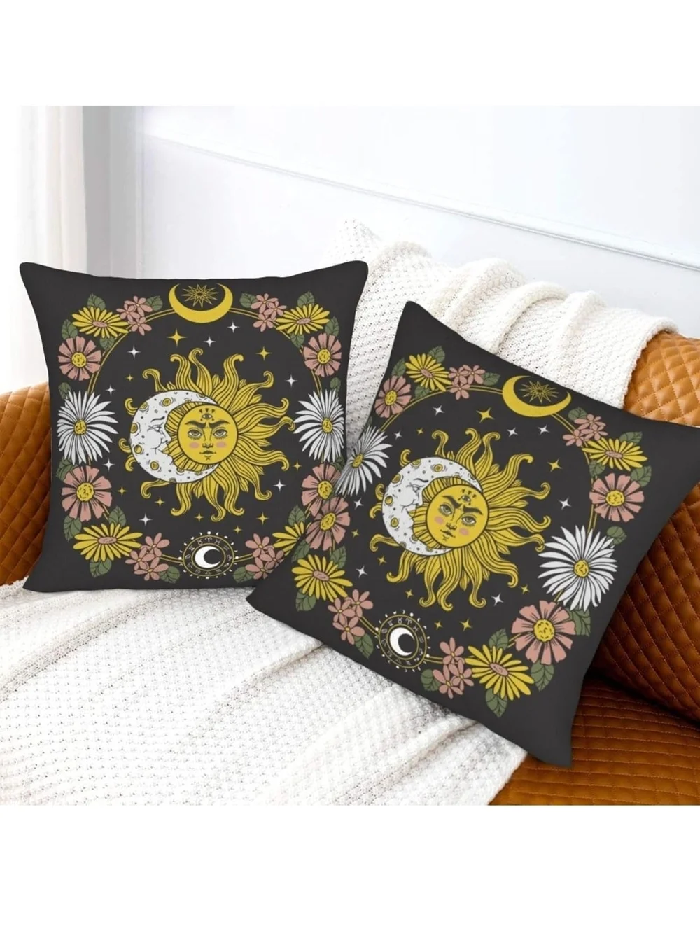 Bohemian Sun & Moon Decorative Pillows  - 2 Pack   18x18